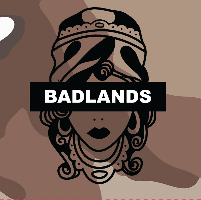 CHOCO CHIP LOGO – Badlands Munitions Co Stylized illustration of a woman with a crown and jewelry, a black bar with the word BADLANDS across her eyes.