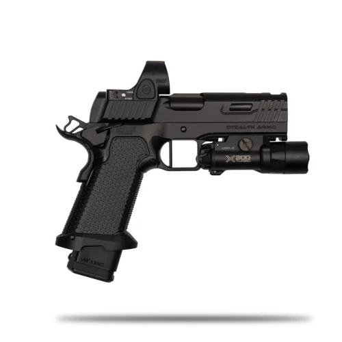 Close-up side view of a black semi-automatic pistol with a mounted flashlight under the barrel and textured grip still visible.