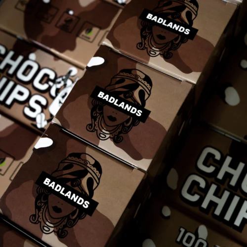 Stack of brown cardboard boxes featuring a black ornate face logo and the word BADLANDS across a black banner on each box.
