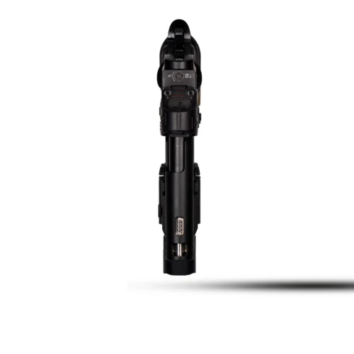 Vertical view of a black tactical firearm grip and stock accessory, isolated on a white background with a soft shadow