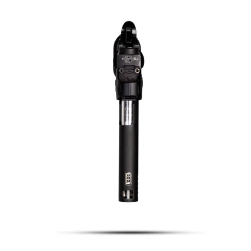 Close-up of a black camera grip with a control dial, mounted on a vertical pole against a white background.
