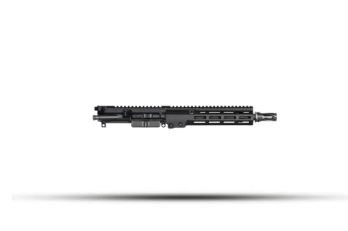 Black AR-style upper receiver with a long Picatinny handguard and muzzle device on a white background, shown horizontally