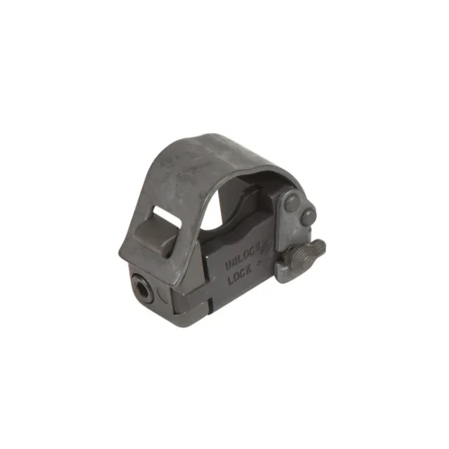 Close-up of a gray metal clamp/hinge mechanism with a round riveted joint and adjustable screw bolt on the side.