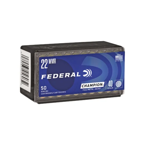 Box of Federal .22 WMR ammunition with blue packaging and '50 rimfire cartridges' label visible on the front