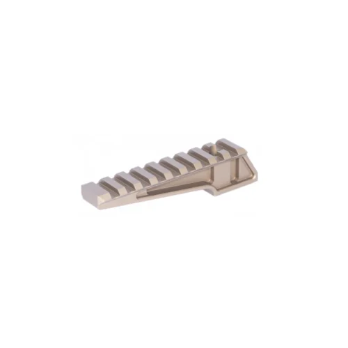 Close-up of tan LEGO track link pieces with ribbed sides, angled diagonally across the frame
