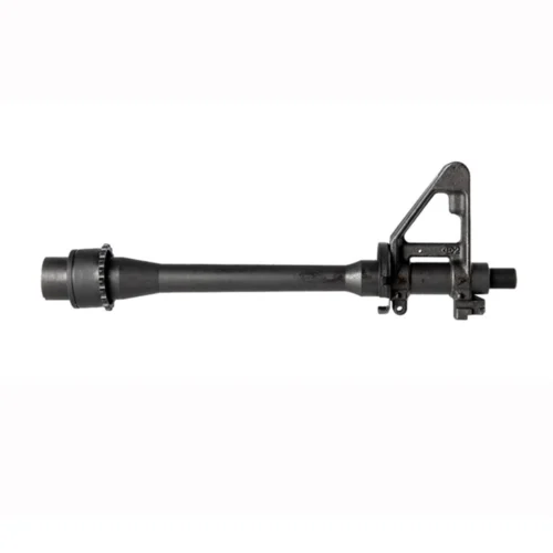 Long gun barrel with a front sight mount and muzzle threading visible.