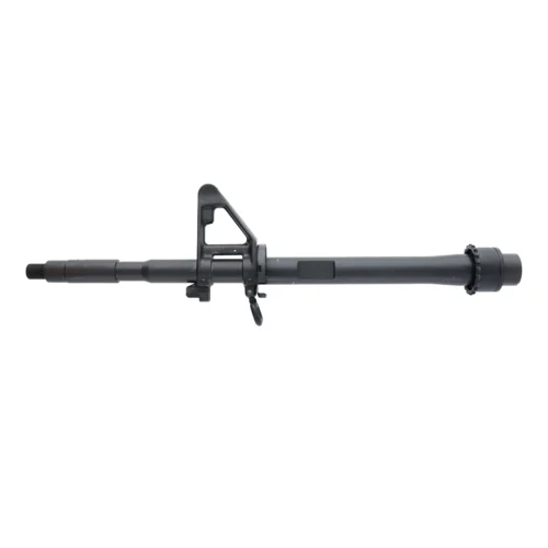 Long rifle barrel assembly with front sight post and mounting brackets on a white background.