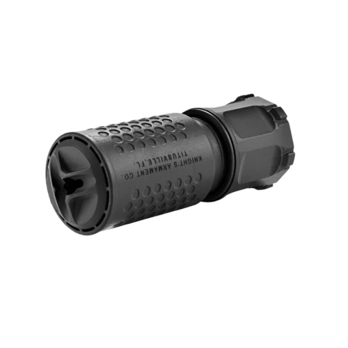 Compact black rifle suppressor with a knurled textured body shown at an angle.