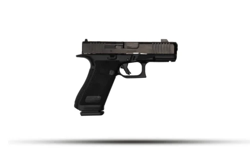 Side view of a black semi-automatic handgun floating in a white background, showing the slide and textured grip.