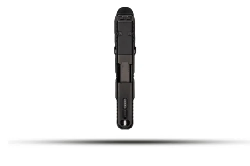 Vertical view of a black camera battery grip with textured sides and a battery compartment against a white background.