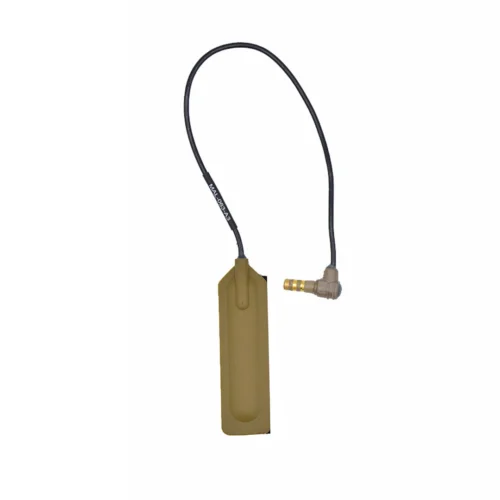 Olive-green rectangular handheld device connected by a curved black cable to a brass 90-degree connector. Likely a power/data probe or adapter.