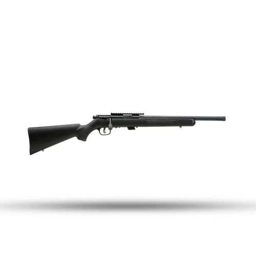 Black bolt‑action rifle in profile with synthetic stock and long barrel, floating above a shadow.