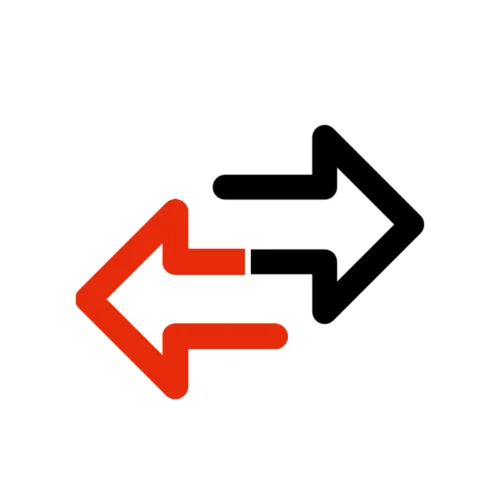 Exchange/share icon with red leftward arrow and black rightward arrow forming a loop representing swap or sharing action.