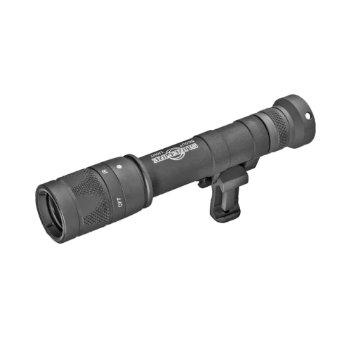 Compact black flashlight with a mounting bracket and textured grip, shown at an angle