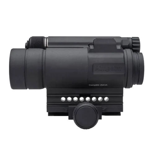 Close-up of a black Aimpoint CompM4 2MOA red dot sight with an adjustment knob and mounting base on a rail.