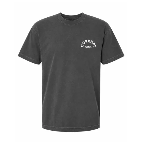Dark gray crew-neck T-shirt with a small white circular logo reading 'CORRUPT ORG.' on the chest area