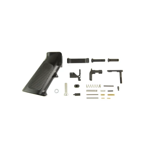 Disassembled semi-automatic pistol laid out on a white surface, showing the grip, slide, frame, springs, pins and small components arranged in rows (exploded view).