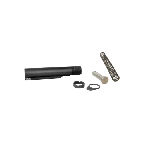 Assorted mechanical parts on a white background, including a black cylindrical component labeled 'GEISSELE Automations' and a coiled metal tube/rope nearby.