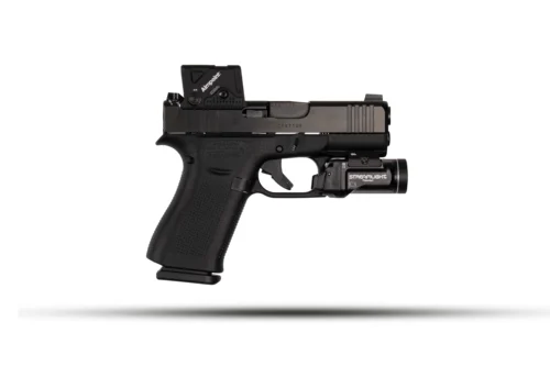 Side view of a black semi-automatic pistol with a mounted red-dot sight and tactical flashlight attachment