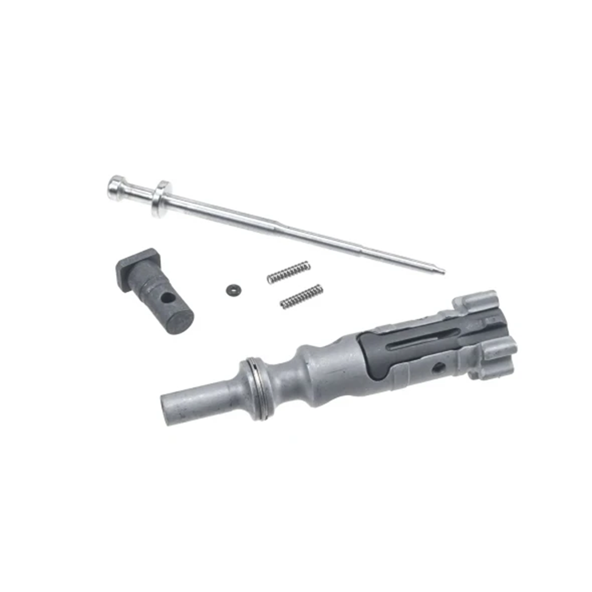 kac bolt – Badlands Munitions Co Repair kit with a long steel pin, two small springs, a washer, a rubber o‑ring, and a gray valve housing piece