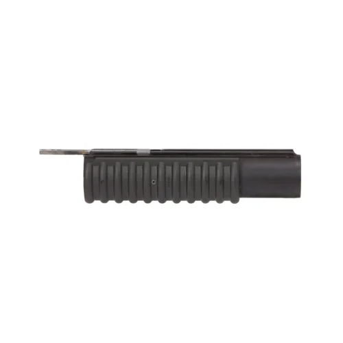 Close-up of a black rifle magazine with a ribbed, textured body on a plain background