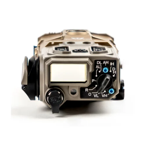 Close-up of a tan and gray LEGO camera model with dials and a small display.