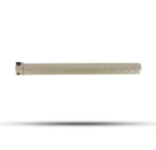 Beige marker pen floating above a soft shadow, viewed from the side with a textured grip end on the right side.