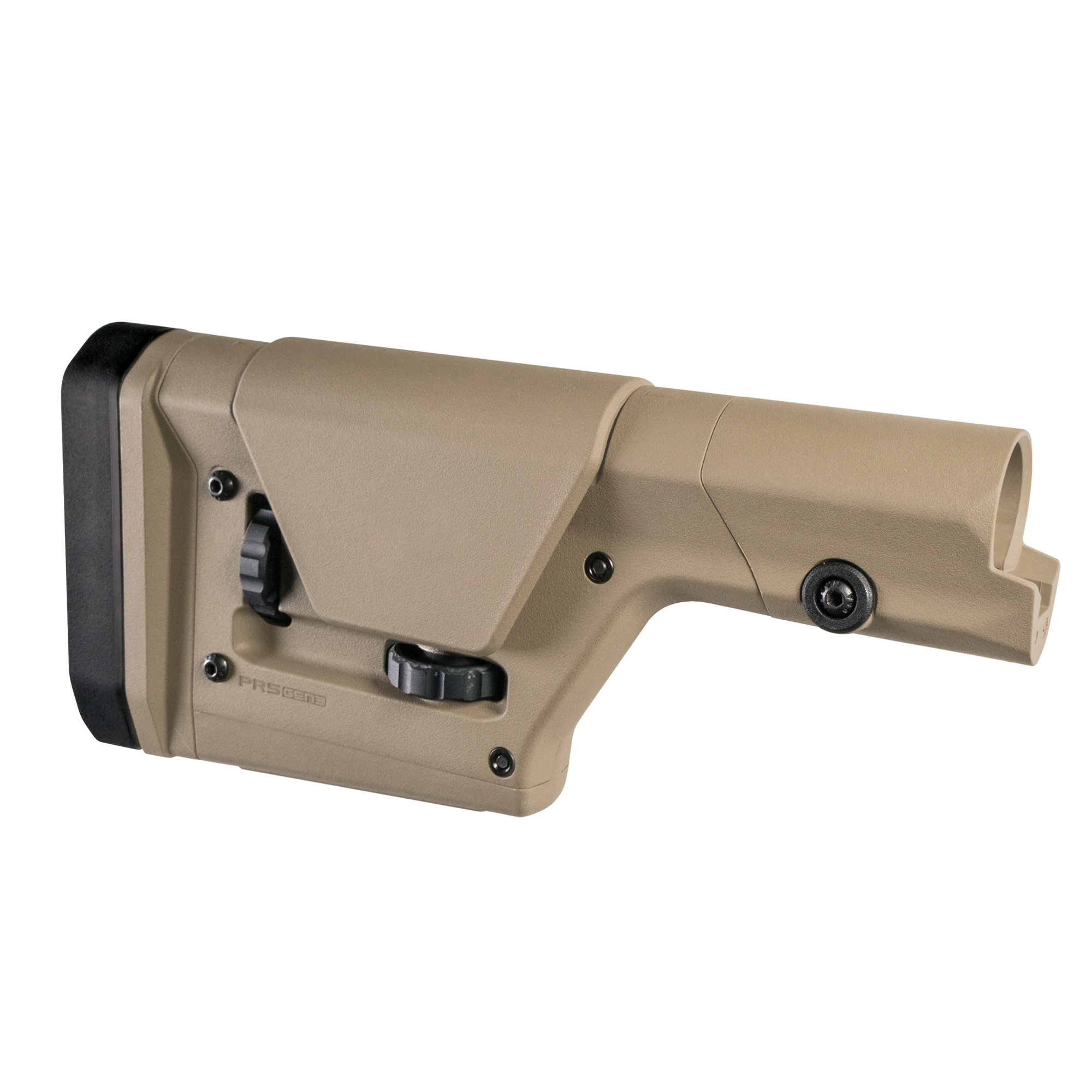 magpul prs – Badlands Munitions Co Tan adjustable rifle buttstock with a black rubber butt pad and exposed mounting screws, shown from a side angle