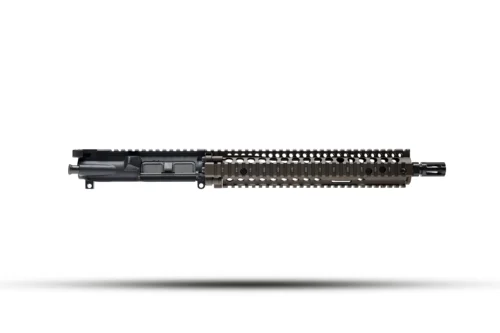 AR-style rifle upper receiver with a long quad-rail handguard, shown horizontally on a white background