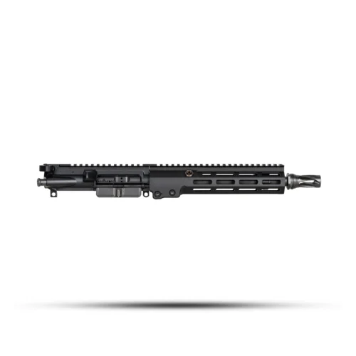 Black rifle upper receiver with a Picatinny rail running along the top and a barrel protruding to the left side.