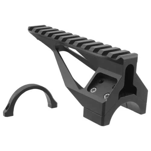 Black Picatinny rail attachment with mounting bracket for firearm accessory placement, used to attach sights or grips to a gun.