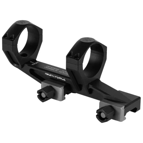 Black double-ring rifle scope mount with two circular rings and a base for attachment to a rail, Nightforce branding