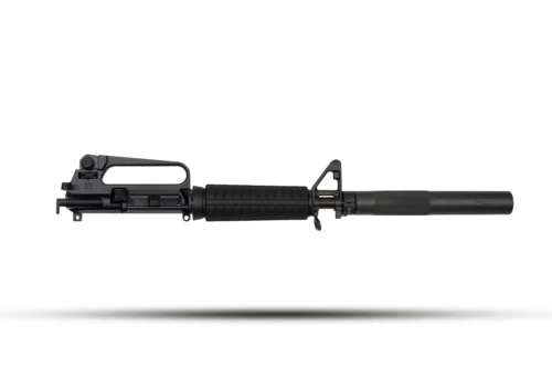 Black semi-automatic rifle shown horizontally on a white background, with a ribbed handguard and front sight rail assembly left to right.