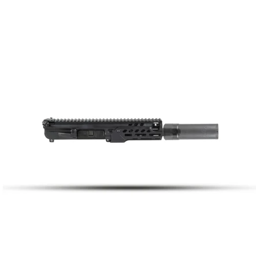 AR-style rifle upper receiver with a long picatinny rail and a gray muzzle device attached (suppressor).