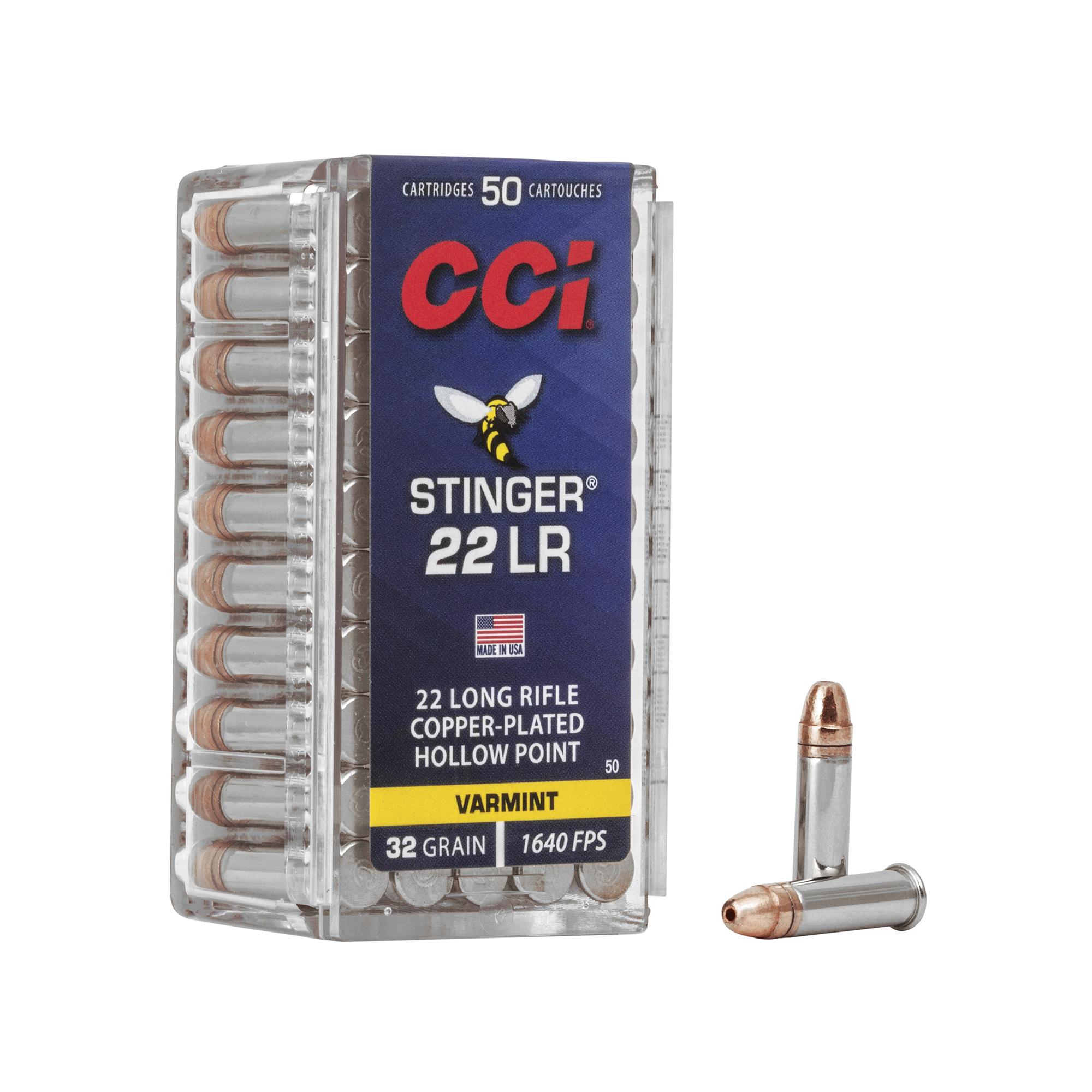 stngr – Badlands Munitions Co Package of CCI Stinger .22 LR hollow-point ammunition, 50 cartridges in a clear plastic box, copper bullets visible on the sides