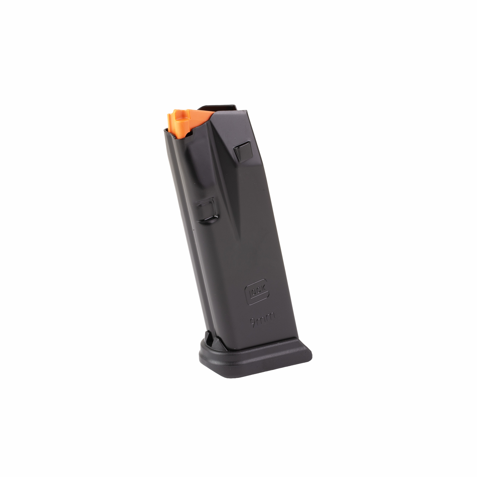 43x1 – Badlands Munitions Co Black 9mm handgun magazine with an orange follower, angled upright with base plate visible