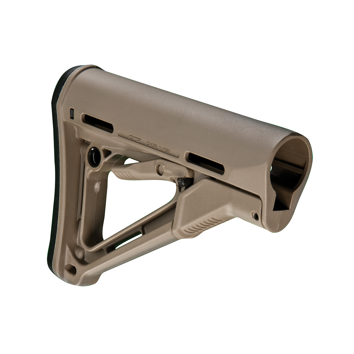 CTR – Badlands Munitions Co Tan polymer rifle stock component with adjustable length and recoil pad, shown from the side