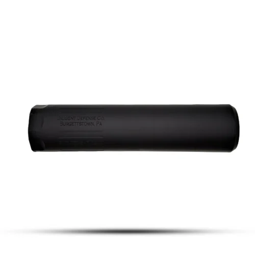 Black cylindrical firearm suppressor floating above a soft shadow, shown in side view with subtle engravings.