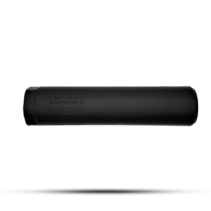 Enticer S – Badlands Munitions Co Black cylindrical firearm suppressor floating above a soft shadow, shown in side view with subtle engravings.