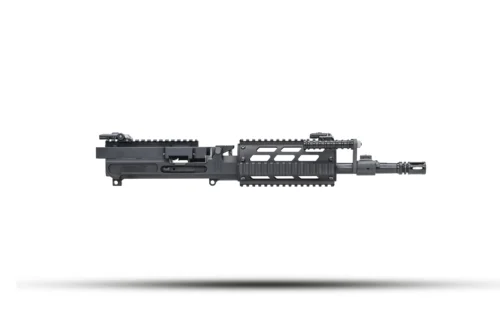 Gray toy assault rifle with rail handguard on a white background.
