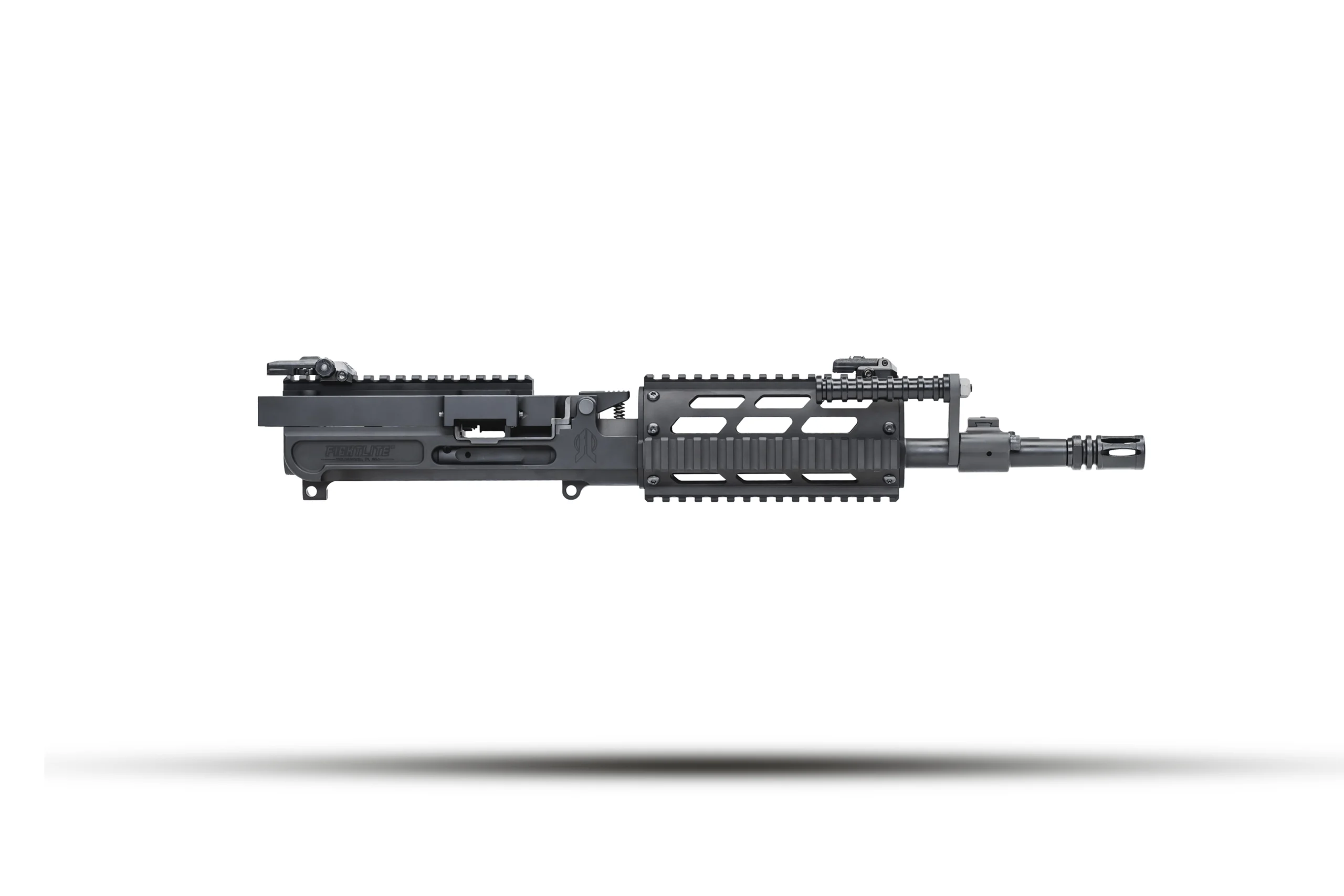 FIGHTLITE – Badlands Munitions Co Gray toy assault rifle with rail handguard on a white background.