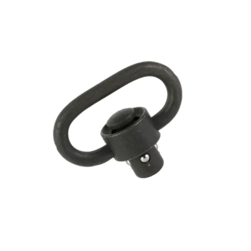 Black rubber oval loop with a small black clamping piece and metal pins, a hardware fastener or strap accessory.