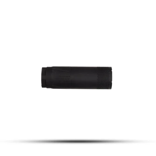 Close-up of a black cylindrical firearm accessory with knurled grip on a white background.