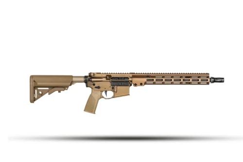 Tan-colored assault rifle shown from the side with an adjustable stock and long vented handguard.
