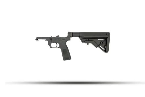 AR-15 style lower receiver with pistol grip and collapsible stock on a white background (left-facing view) — firearm component only, no magazine attached.