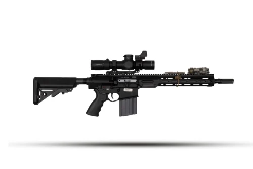 Black modern assault rifle with scope and accessories mounted on a white background (informative product image)