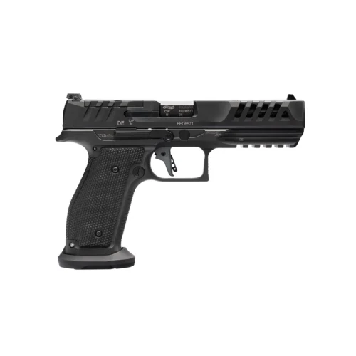 Side view of a black semi-automatic pistol with a textured grip and accessory rail.