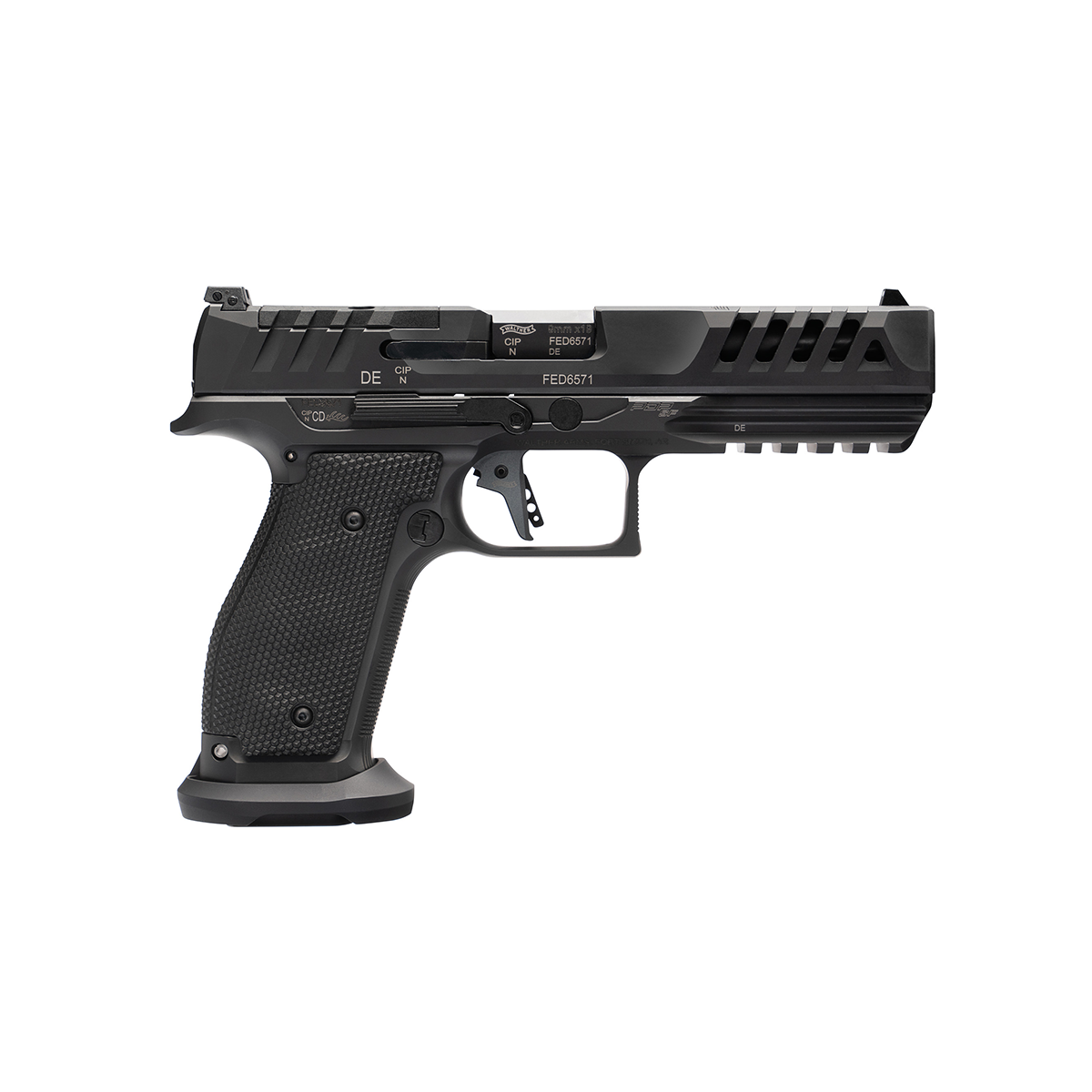 pdp – Badlands Munitions Co Side view of a black semi-automatic pistol with a textured grip and accessory rail.