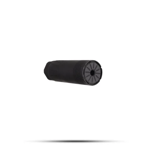 Black cylindrical camera lens accessory with a textured grip and star-pattern end cap on a white background.