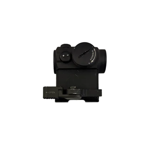 Black compact optical sight with an intensity dial and mounting base for firearms.